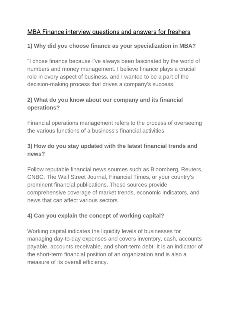 MBA Finance Interview Q&A for Freshers | PDF | Return On Investment ...