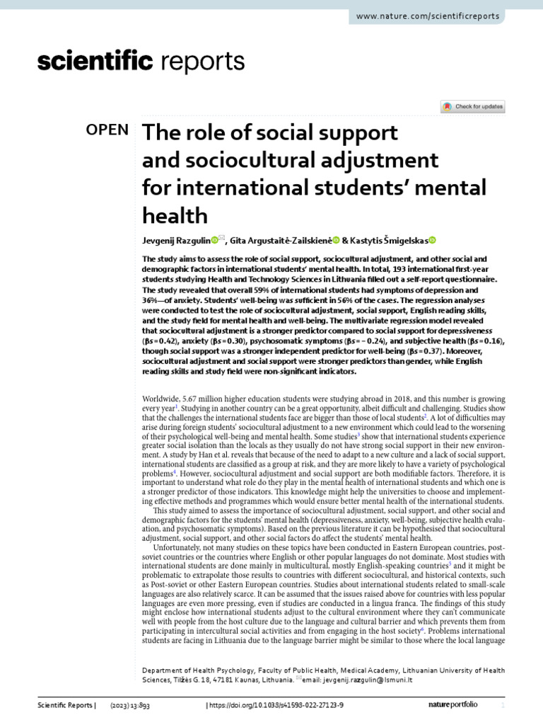 Social Support & Mental Health in Students | PDF | Social Support ...