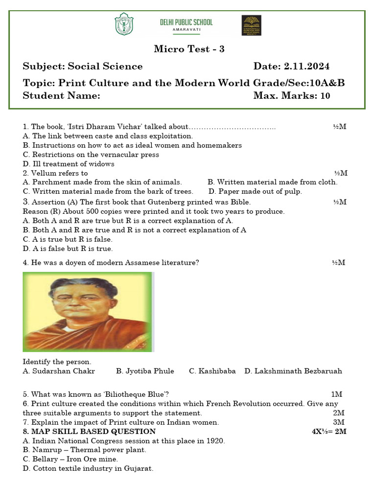 Micro Test - 3 Class - 10 - Print Culture and The Modern Worl - Final | PDF