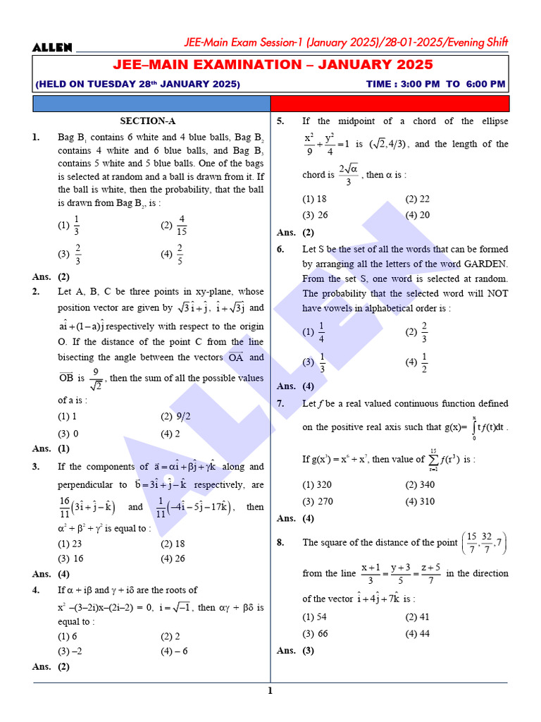 28-jan-shift-2-mathematics-ans | PDF | Equations | Mathematical Concepts