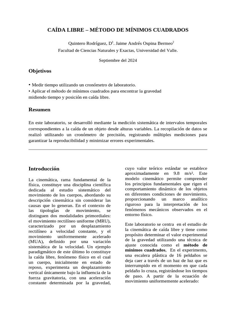 Caída Libre - Método de Mínimos Cuadrados | PDF | Cinemática | Medición