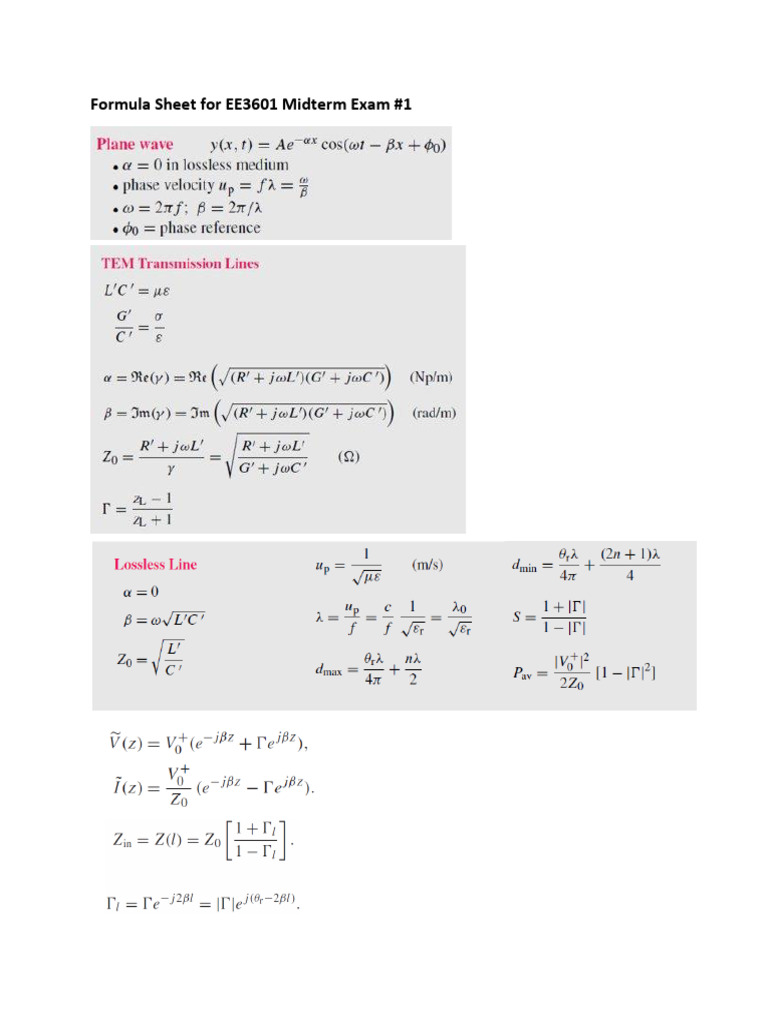 EE3601 Midterm Exam Formula Sheet | PDF