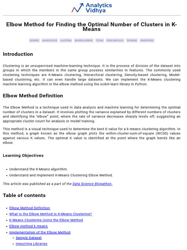 Elbow Method For Optimal Cluster Number in K-Means | PDF | Cluster ...