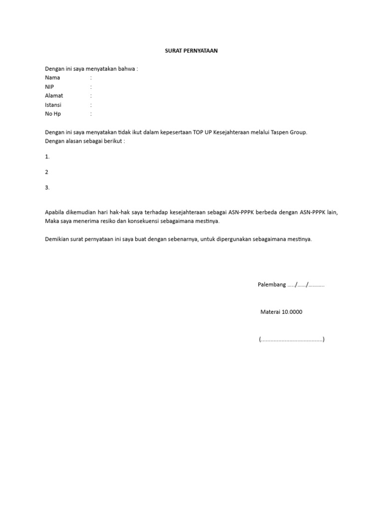 Surat Pernyataan Penolakan Program TOP UP TASPEN Group | PDF