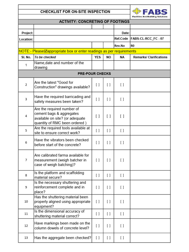 Concreting Footings Inspection Checklist | PDF | Concrete | Structural ...