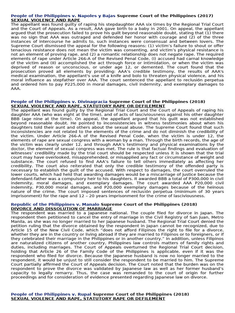 Philippine Supreme Court Rape Cases Summary | PDF | Rape | Sexism