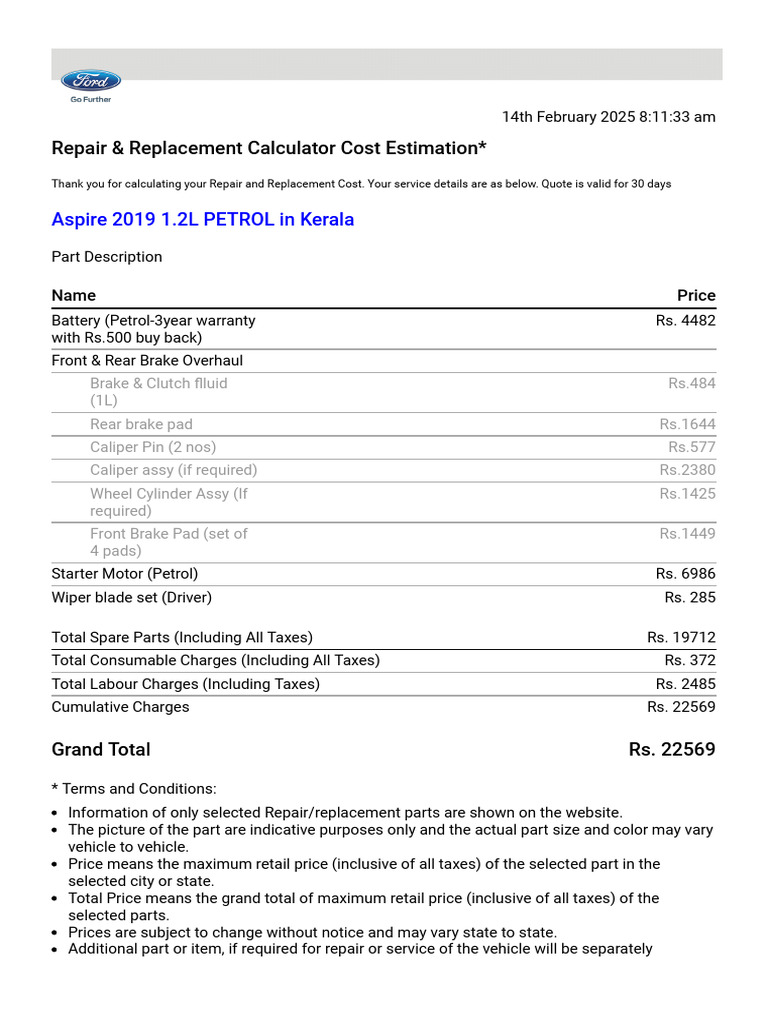 Repair Cost Estimate for Aspire 2019 | PDF | Brake | Car Manufacturers