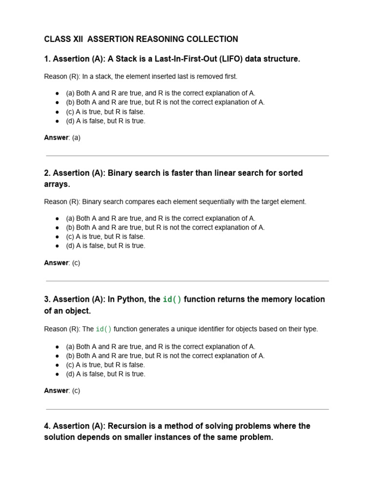 Assertion Reasoning Xii A | PDF | Control Flow | Table (Database)