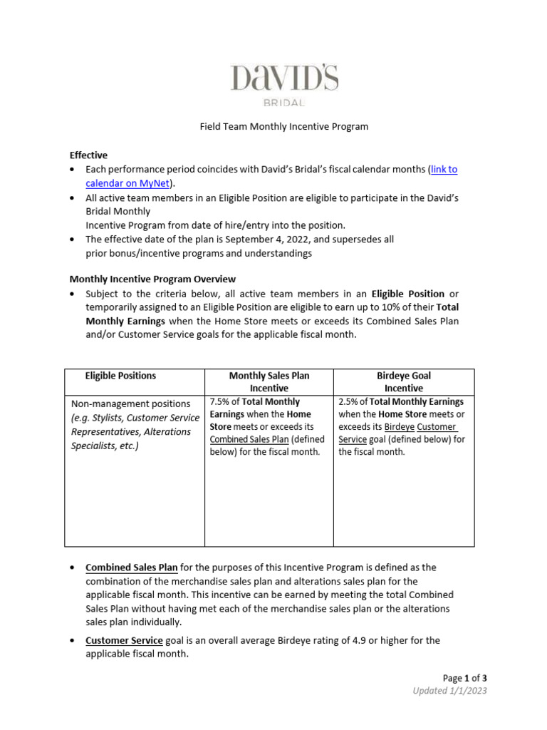 David's Bridal Monthly Incentive Program | PDF | Incentive | Payroll