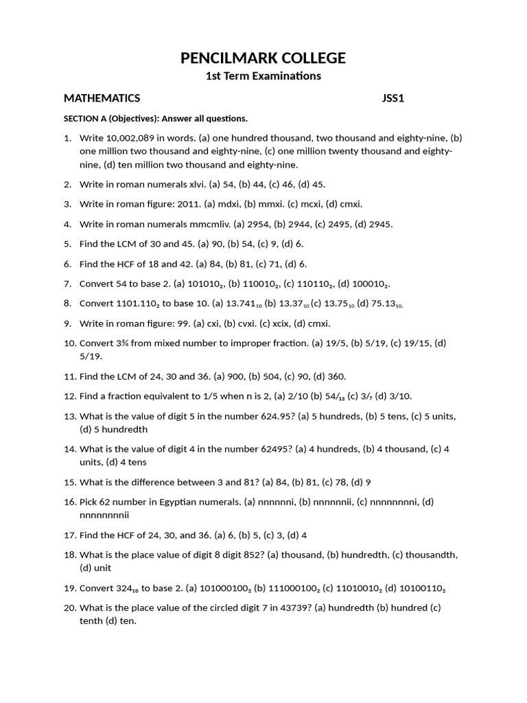 JSS Mathematics Exam Questions | PDF | Logarithm | Percentage