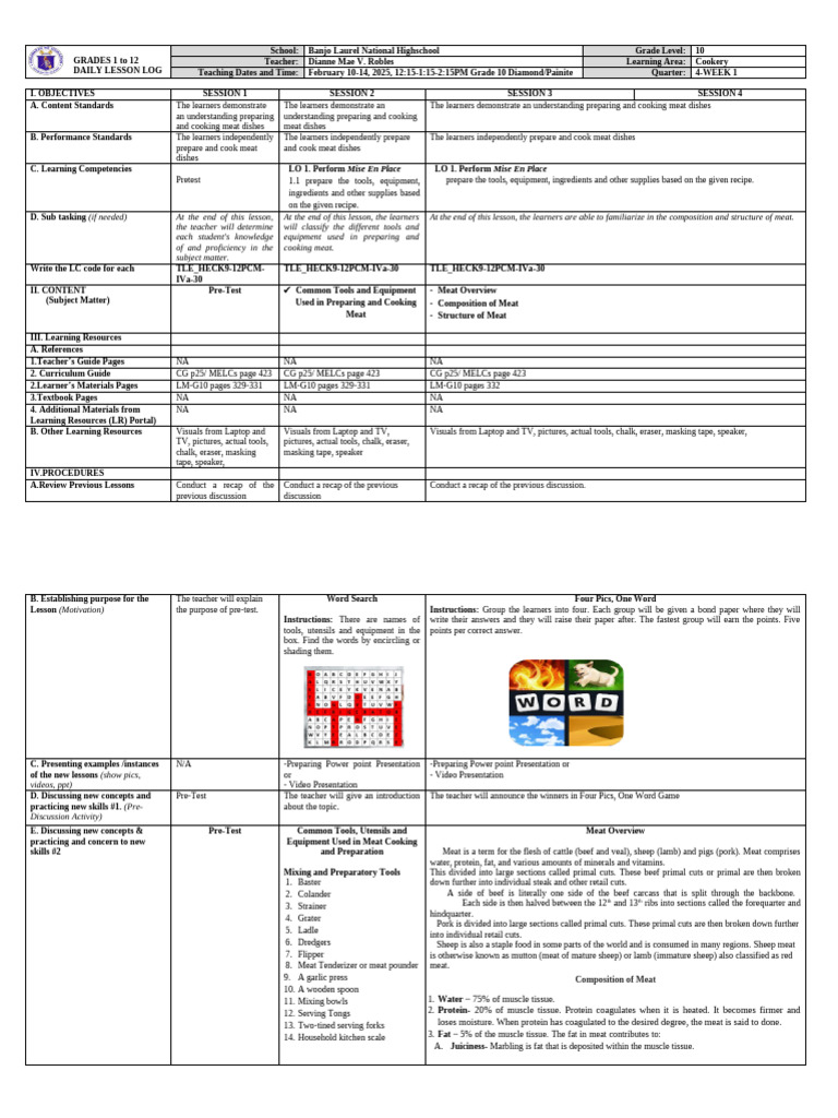 Grade 10 Cookery Daily Lesson Log | PDF | Lamb And Mutton | Entrée