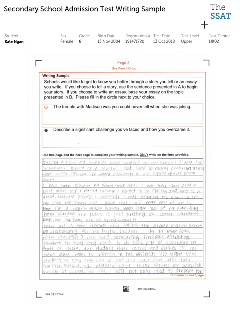 SSAT Writing Sample Guide | PDF