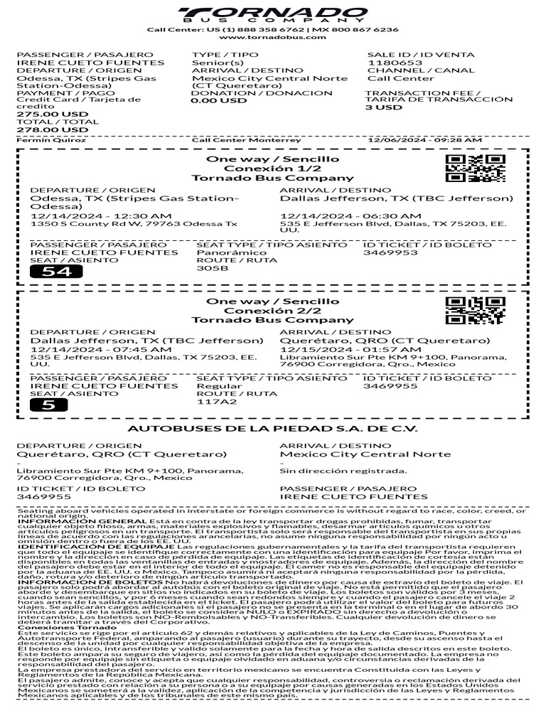 Información sobre boletos de Tornado Bus | PDF | Pasajero | Transporte