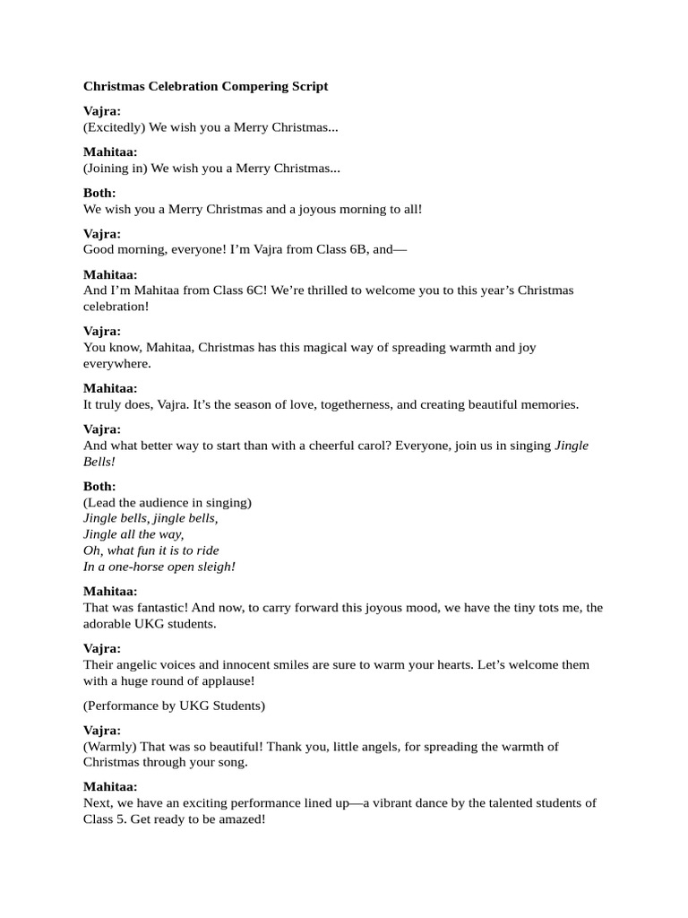Christmas Celebration Compering Script Class VI | PDF | Christmas ...