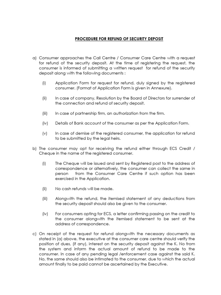 Security Deposit Refund Procedure | PDF | Receipt | Cheque