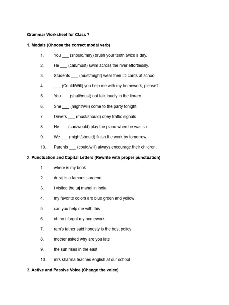 Class 7 Grammar Revision Worksheet | PDF | Adverb | Languages