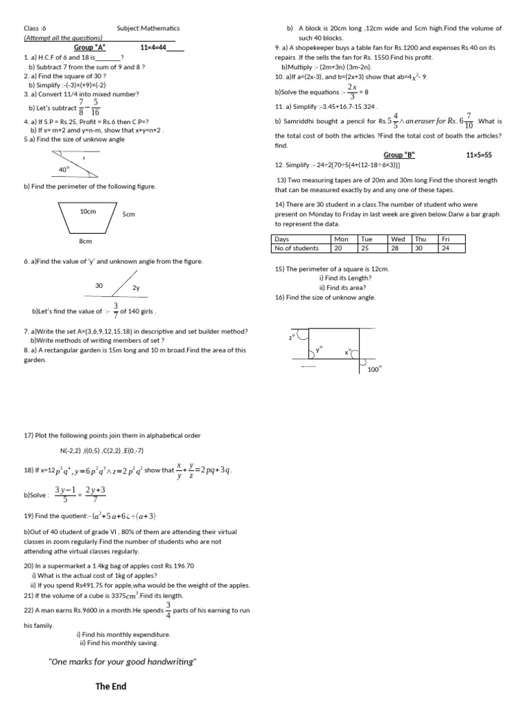 Class 6 Mathematics Exam Questions | PDF | Mathematics