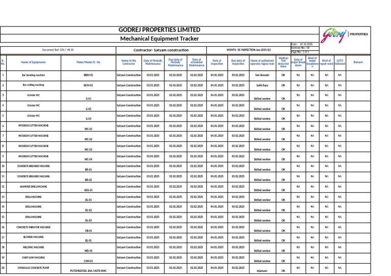Mech Equipment Tracker-JAN 2025 | PDF | Mechanical Engineering