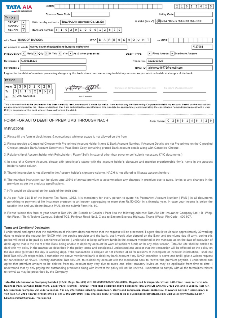 C286146429 NACHForm | PDF | Banks | Insurance