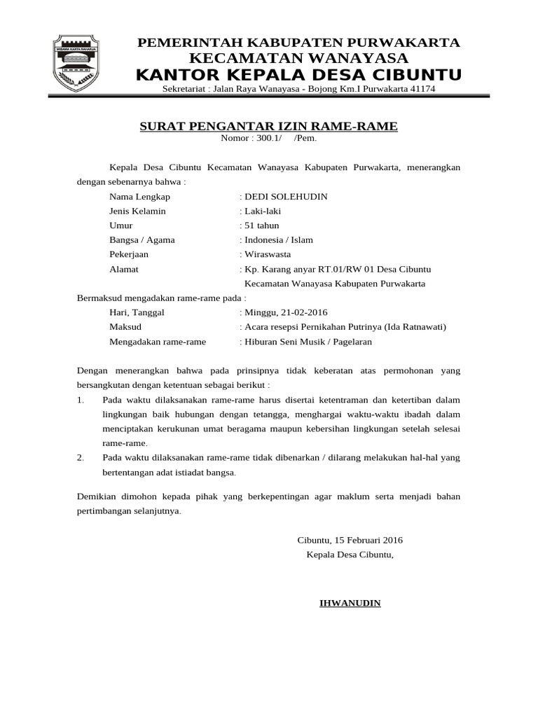 Surat Izin Rame-Rame Acara Pernikahan | PDF