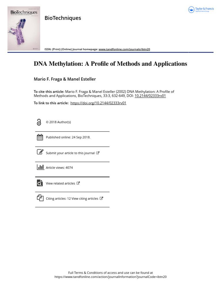 DNA Methylation A Profile of Methods and Applications | PDF | Dna ...