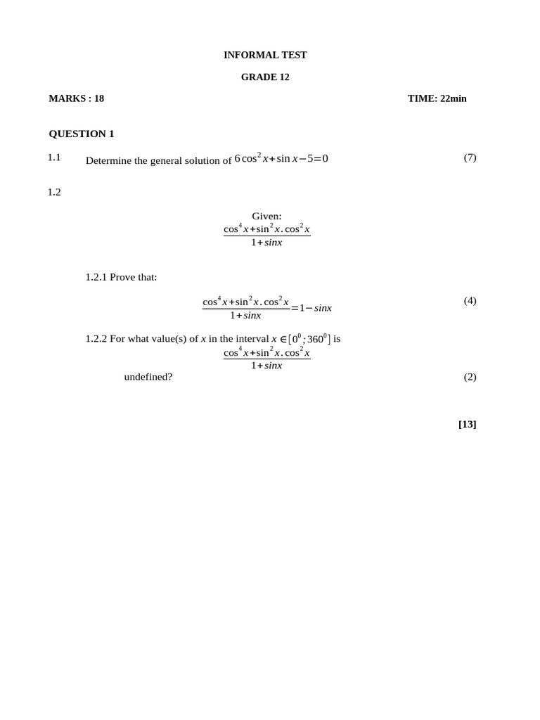 Grade 12 Informal Math Test Solutions | PDF | Trigonometric Functions ...