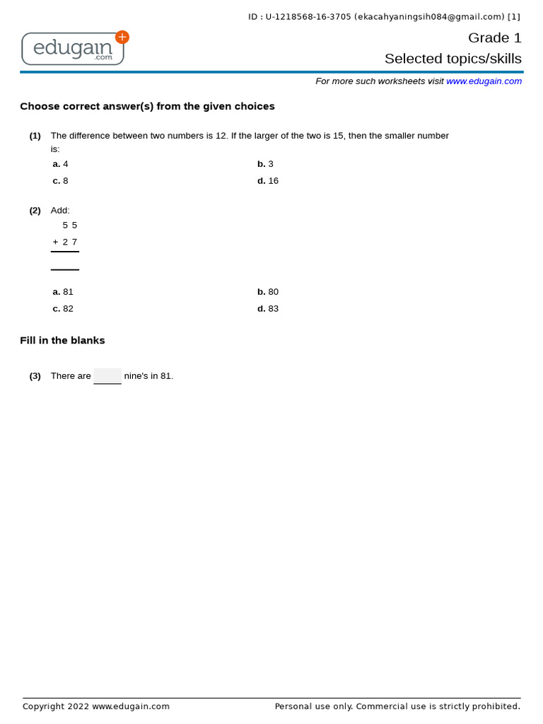 Grade 1 Math Worksheets and Exercises | PDF