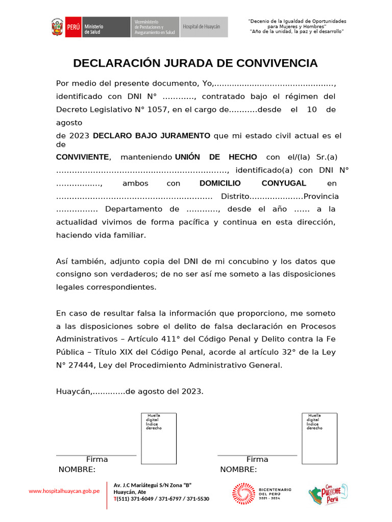 Declaración Jurada de Convivencia 2023 | PDF | Justicia | Crimen y ...
