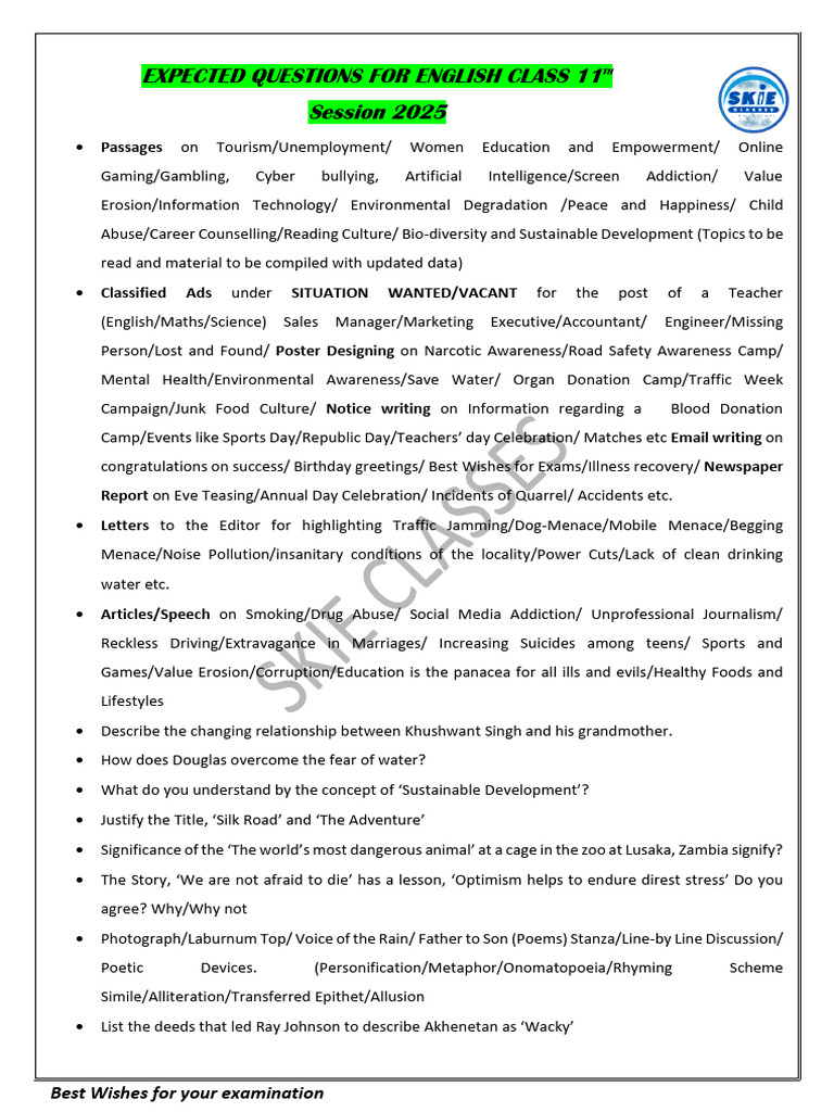 English Class 11 Exam Prep Guide | PDF | Poetry