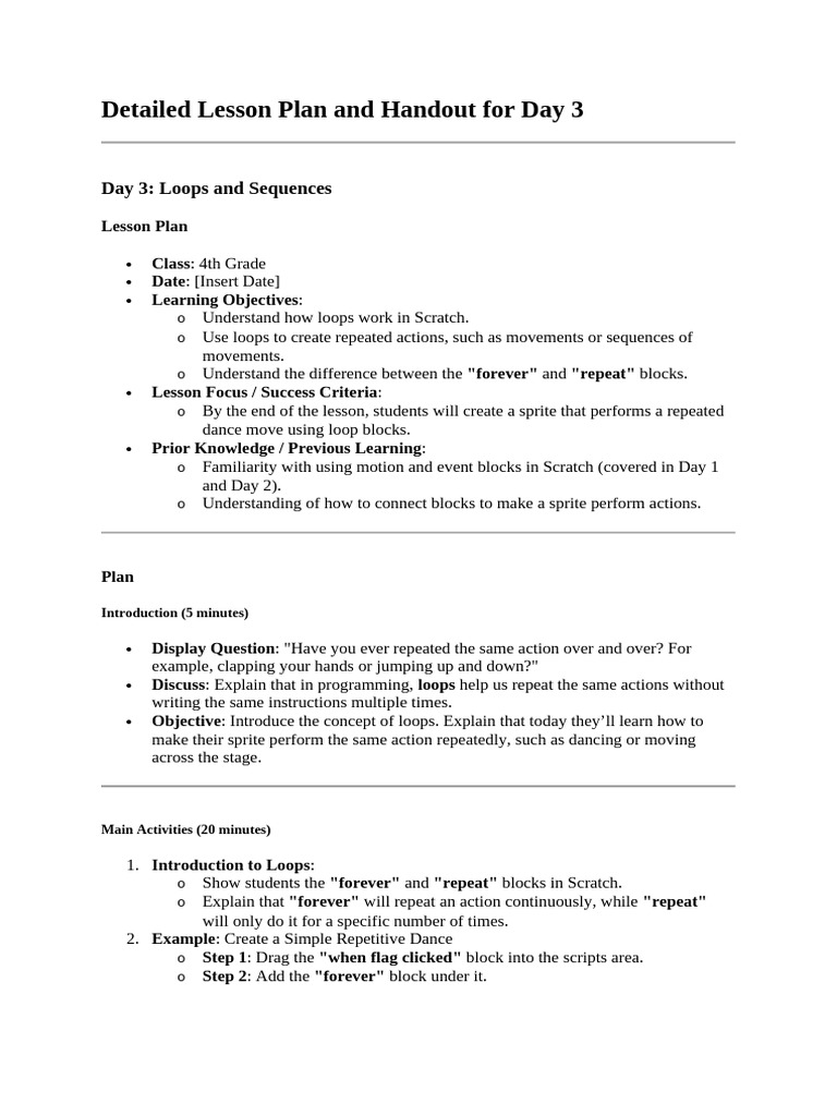 Lesson Plan And Handout For Day 3 PDF Scratch Programming Language 