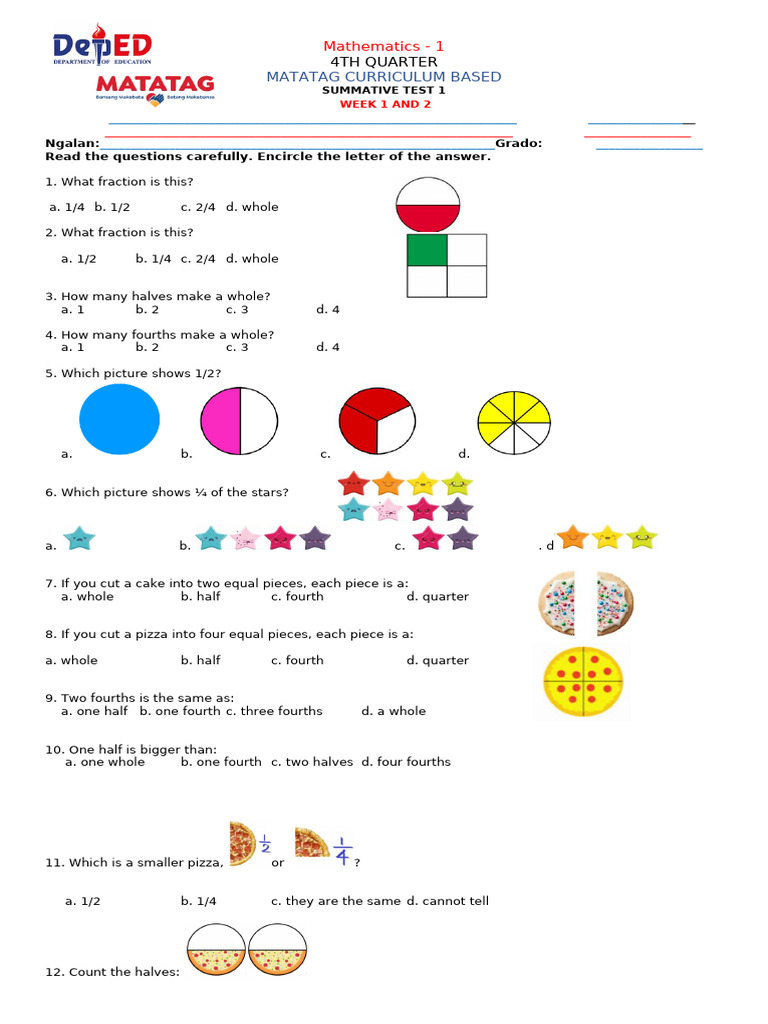 1st Grade Math: Fractions Test 1 | PDF | Mathematics