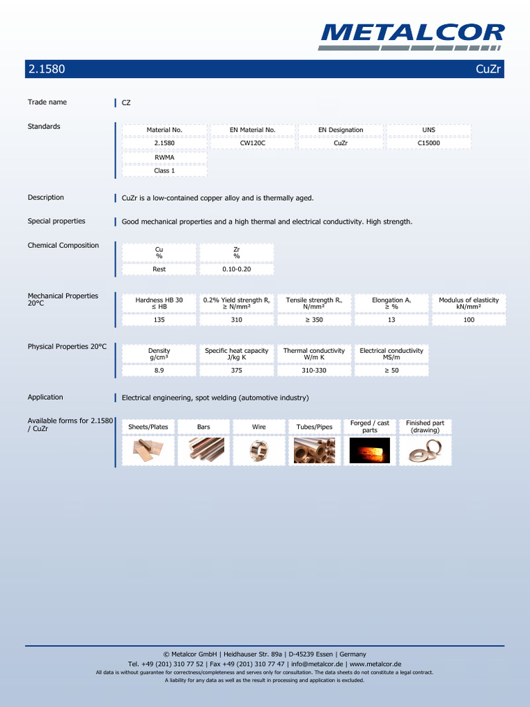 Metalcor Cuzr | PDF | Copper | Materials