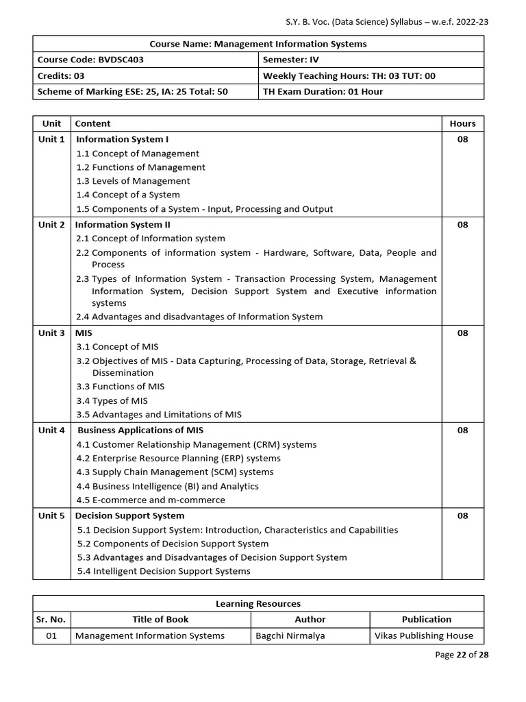 Management Information Systems Syllabus | PDF | Management Information ...