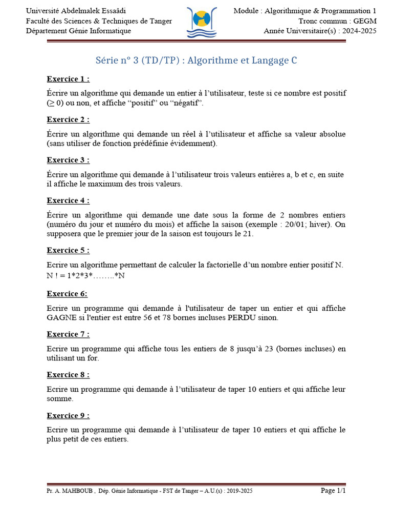 Exercices d'Algorithmique en C 2024-2025 | PDF