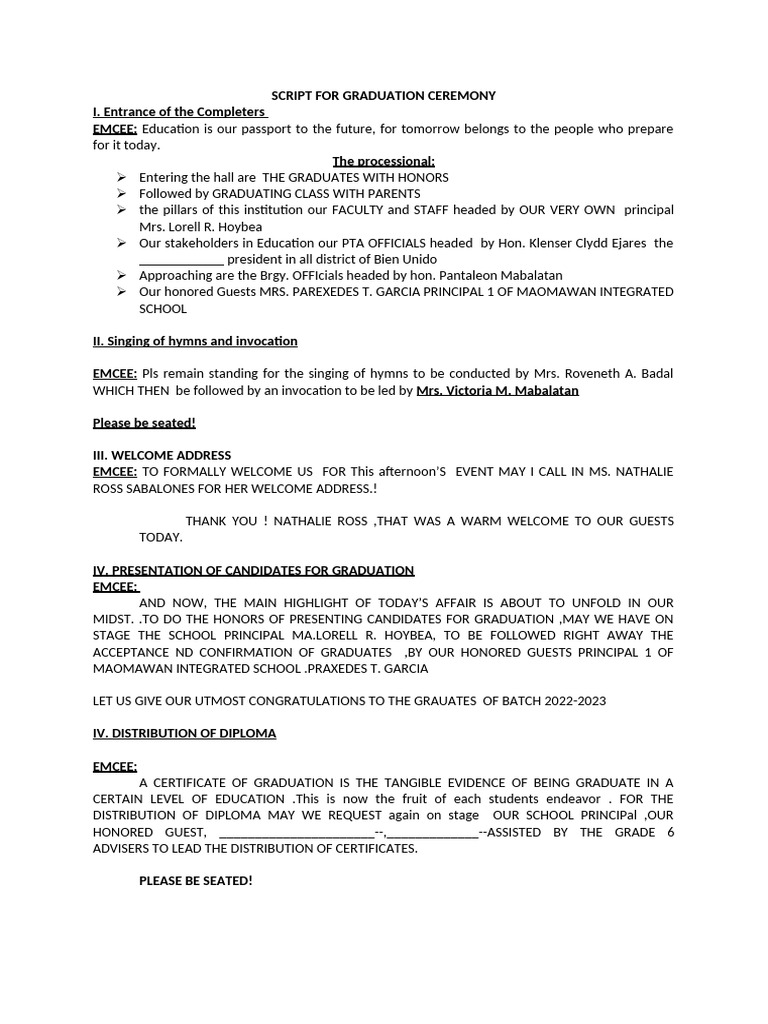Script For Graduation Ceremony | PDF