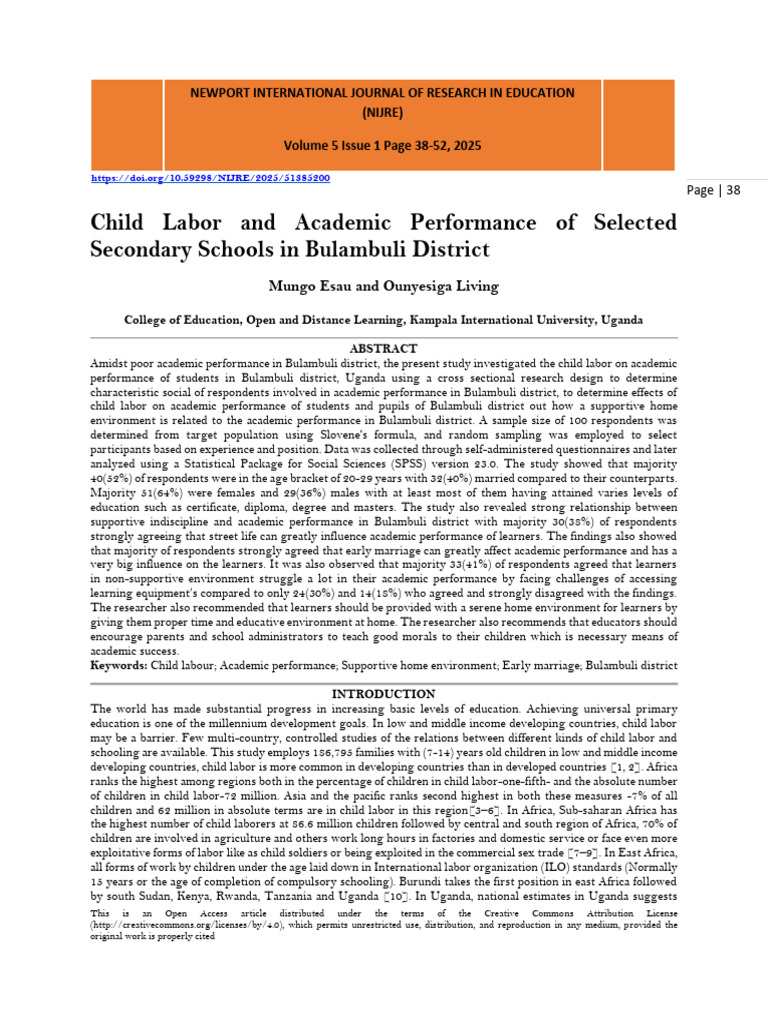 Child Labor and Academic Performance of Selected Secondary Schools in ...