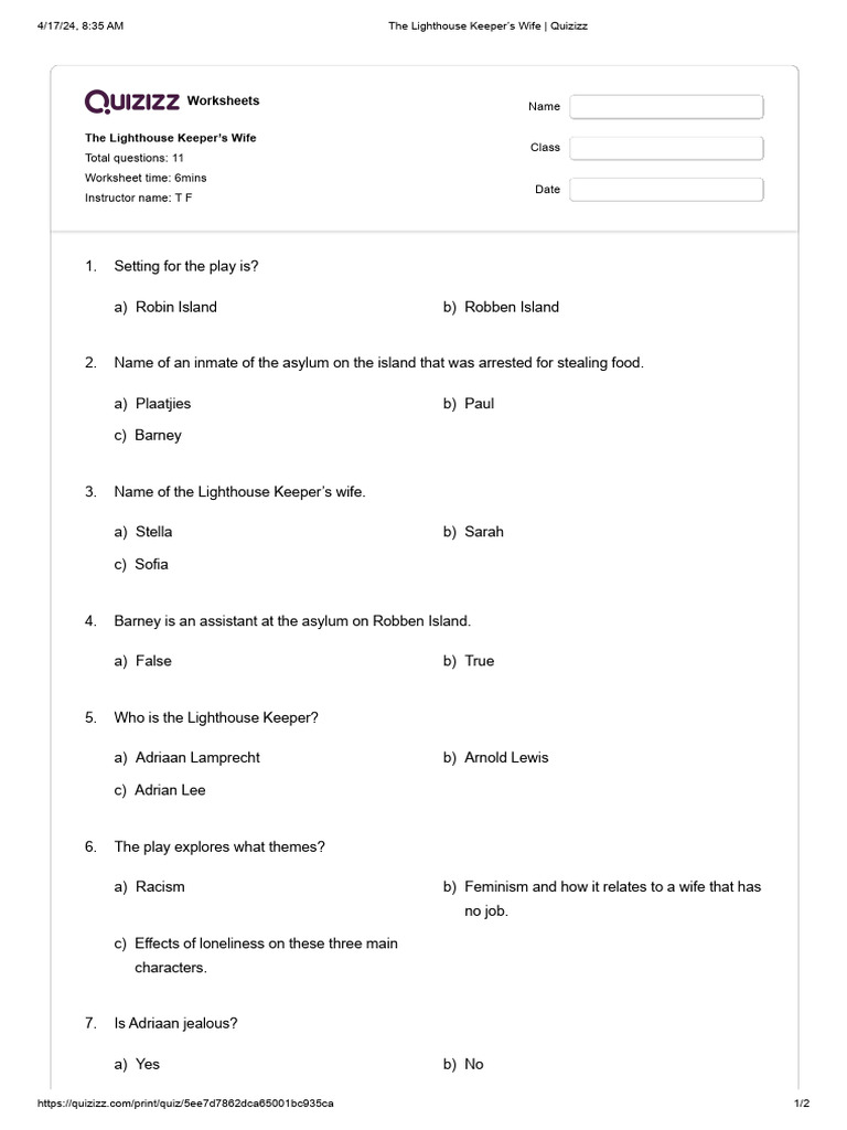Quiz on The Lighthouse Keeper’s Wife | PDF