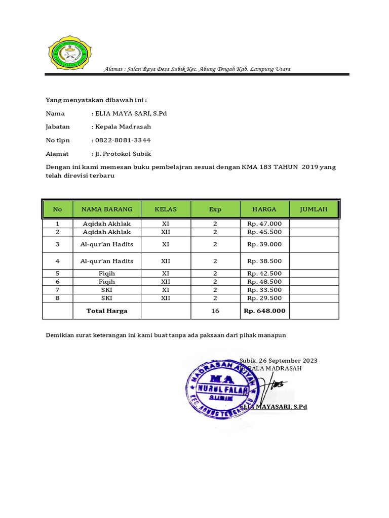 Pemesanan Buku Pembelajaran Madrasah | PDF