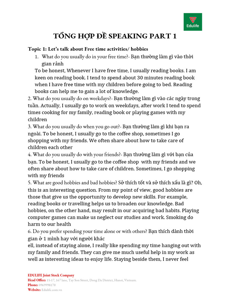 Speaking Part 1: Free Time & Hobbies | PDF | Telephone | Lunch