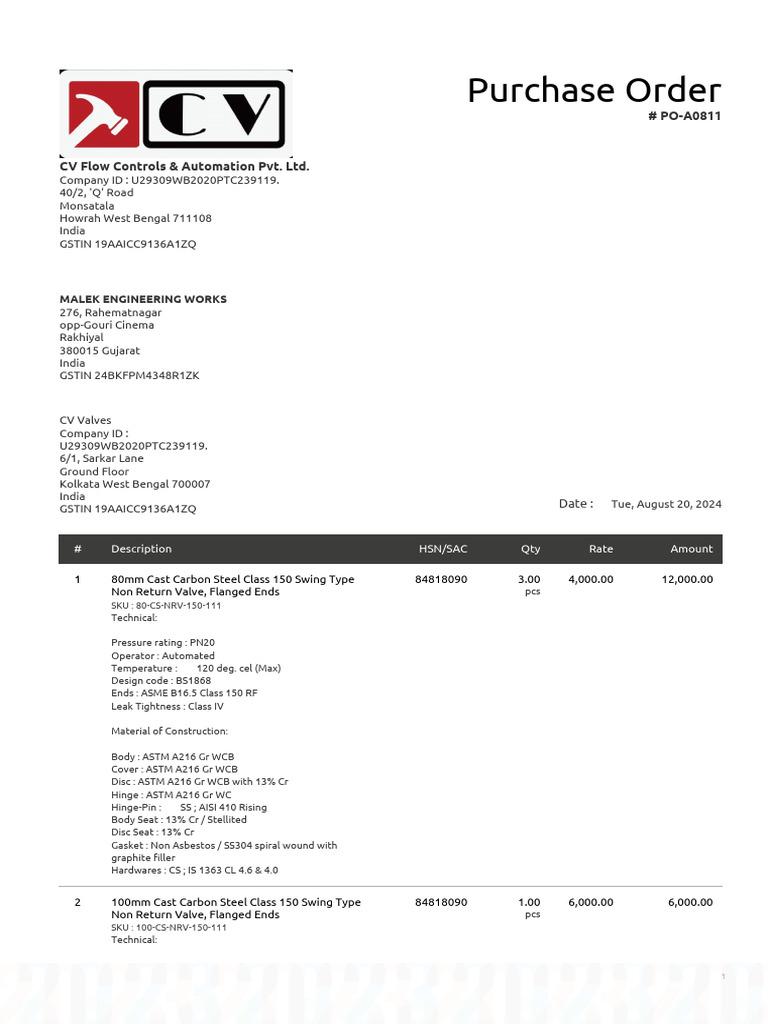 Purchase Order for CV Valves | PDF | Valve | Hydraulics