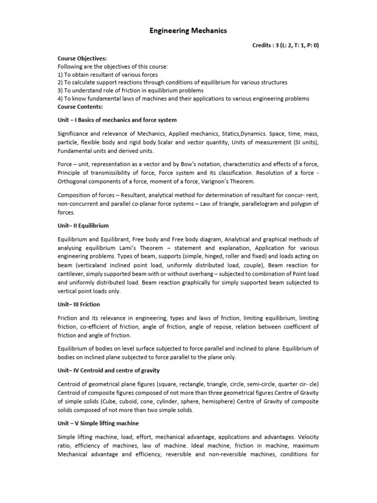 Mechanics Syllabus Pdf Force Mechanics