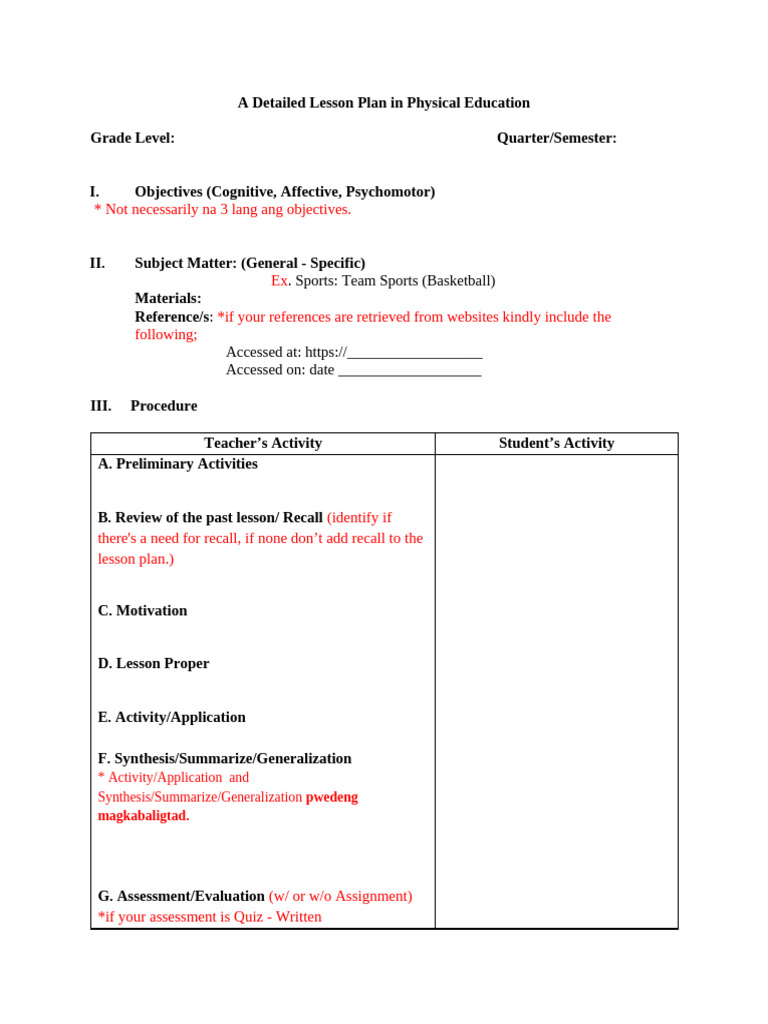 Template For The Detailed Lesson Plan | PDF
