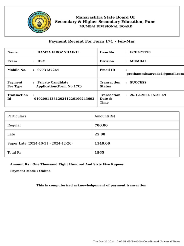 HSC Form 17C Payment Receipt - Mumbai | PDF