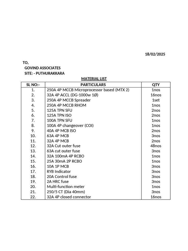 Material List for Govind Associates | PDF