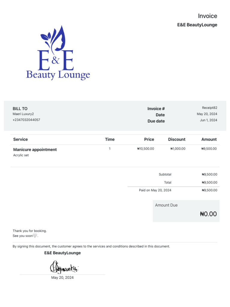 E&E BeautyLounge Invoice May 2024 | PDF