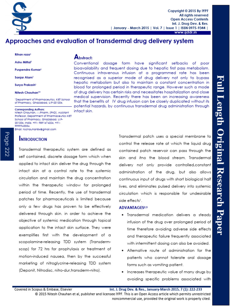 Approaches and Evaluation of Transdermal Drug Delivery System | PDF ...