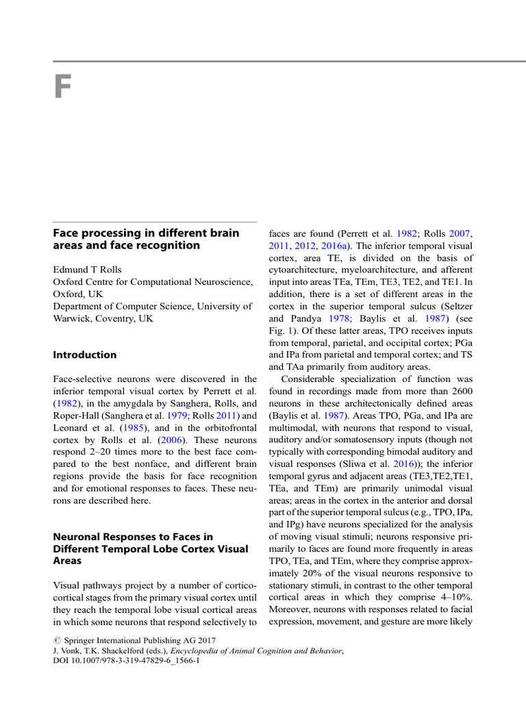 578 Rolls 2017 Face processing in the brain | PDF | Visual Cortex ...