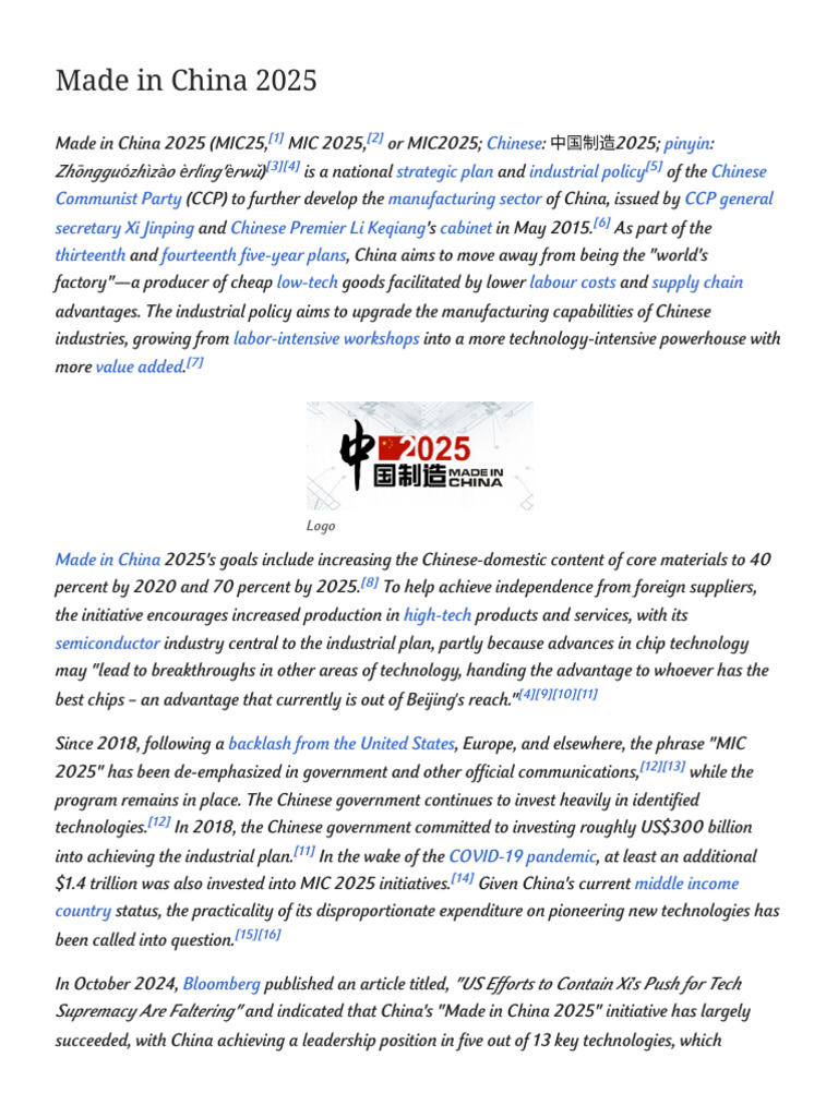 Made in China 2025 - Wikipedia | PDF | Economies