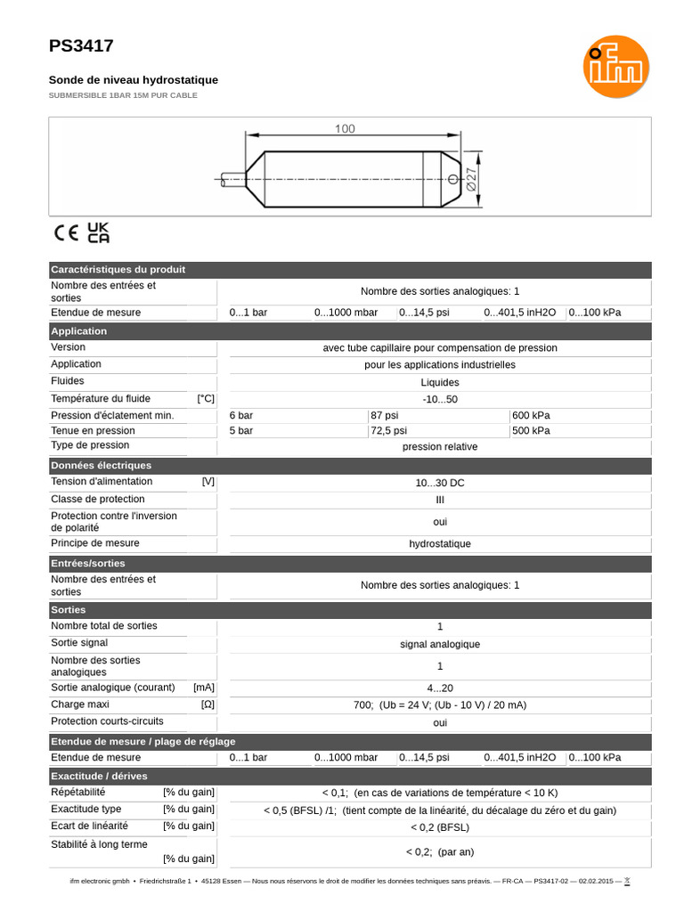 Sonde de niveau hydrostatique PS3417 | PDF | Pression