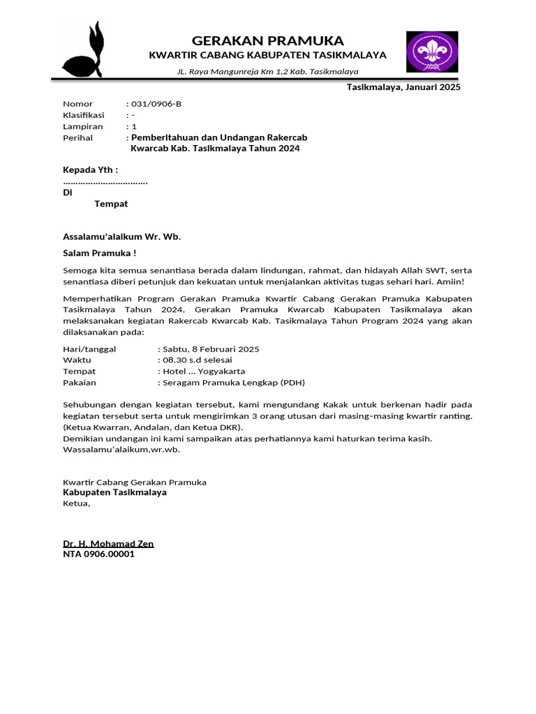 Undangan Rakercab Pramuka Tasikmalaya 2025 | PDF